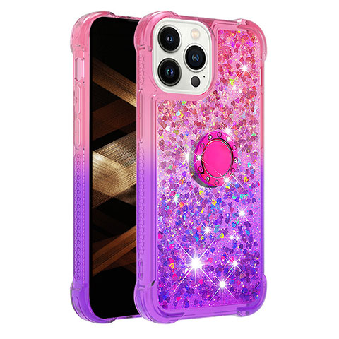 Funda Silicona Carcasa Goma Bling-Bling con Anillo de dedo Soporte S02 para Apple iPhone 14 Pro Max Rosa Roja