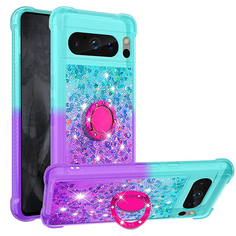 Funda Silicona Carcasa Goma Bling-Bling con Anillo de dedo Soporte S02 para Google Pixel 8 Pro 5G Azul Cielo