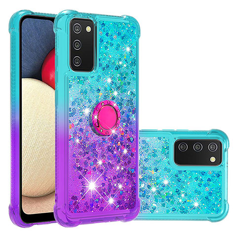 Funda Silicona Carcasa Goma Bling-Bling con Anillo de dedo Soporte S02 para Samsung Galaxy A02s Azul Cielo