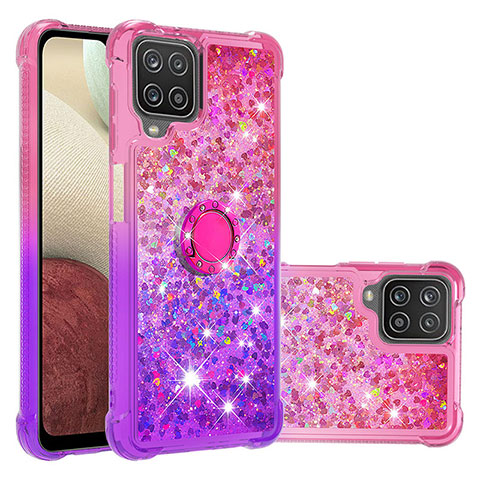 Funda Silicona Carcasa Goma Bling-Bling con Anillo de dedo Soporte S02 para Samsung Galaxy A12 Nacho Rosa Roja