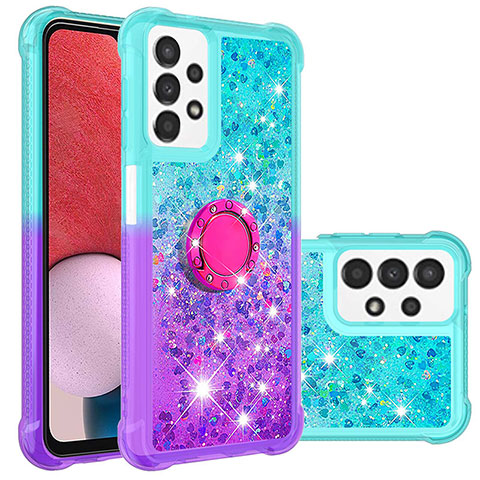 Funda Silicona Carcasa Goma Bling-Bling con Anillo de dedo Soporte S02 para Samsung Galaxy A13 4G Azul Cielo