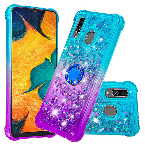 Funda Silicona Carcasa Goma Bling-Bling con Anillo de dedo Soporte S02 para Samsung Galaxy A20 Azul Cielo