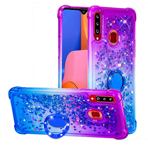 Funda Silicona Carcasa Goma Bling-Bling con Anillo de dedo Soporte S02 para Samsung Galaxy A20s Morado