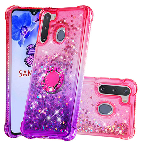 Funda Silicona Carcasa Goma Bling-Bling con Anillo de dedo Soporte S02 para Samsung Galaxy A21 European Rosa Roja