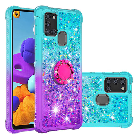 Funda Silicona Carcasa Goma Bling-Bling con Anillo de dedo Soporte S02 para Samsung Galaxy A21s Azul Cielo