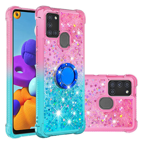 Funda Silicona Carcasa Goma Bling-Bling con Anillo de dedo Soporte S02 para Samsung Galaxy A21s Rosa