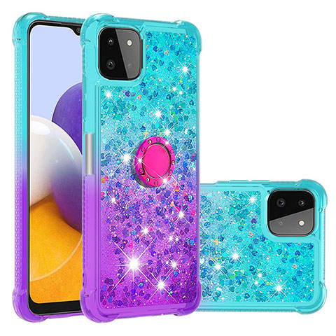 Funda Silicona Carcasa Goma Bling-Bling con Anillo de dedo Soporte S02 para Samsung Galaxy A22 5G Azul Cielo