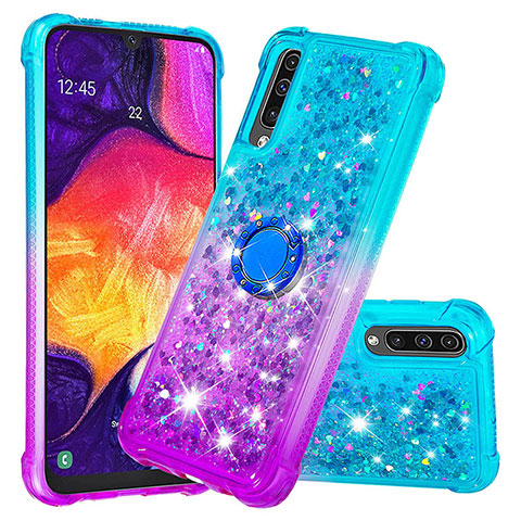 Funda Silicona Carcasa Goma Bling-Bling con Anillo de dedo Soporte S02 para Samsung Galaxy A30S Azul Cielo