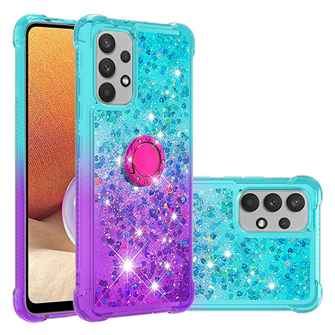 Funda Silicona Carcasa Goma Bling-Bling con Anillo de dedo Soporte S02 para Samsung Galaxy A32 5G Azul Cielo