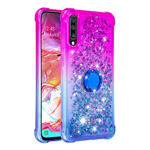 Funda Silicona Carcasa Goma Bling-Bling con Anillo de dedo Soporte S02 para Samsung Galaxy A70S Morado