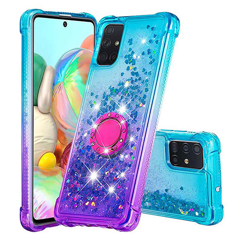 Funda Silicona Carcasa Goma Bling-Bling con Anillo de dedo Soporte S02 para Samsung Galaxy A71 4G A715 Azul Cielo