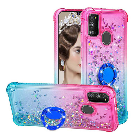 Funda Silicona Carcasa Goma Bling-Bling con Anillo de dedo Soporte S02 para Samsung Galaxy M21 Rosa