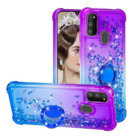 Funda Silicona Carcasa Goma Bling-Bling con Anillo de dedo Soporte S02 para Samsung Galaxy M30s Morado