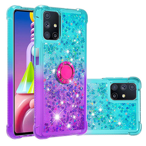 Funda Silicona Carcasa Goma Bling-Bling con Anillo de dedo Soporte S02 para Samsung Galaxy M51 Azul Cielo