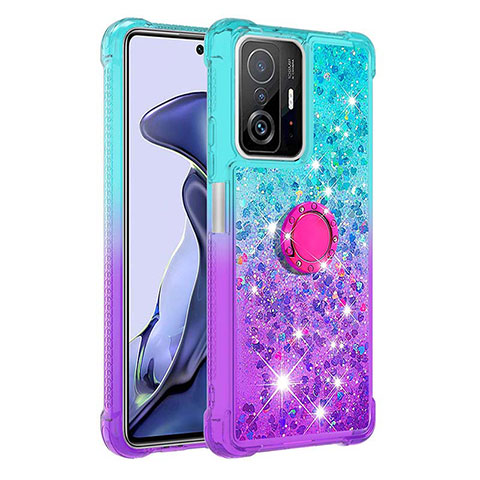 Funda Silicona Carcasa Goma Bling-Bling con Anillo de dedo Soporte S02 para Xiaomi Mi 11T 5G Azul Cielo