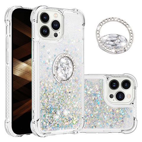 Funda Silicona Carcasa Goma Bling-Bling con Anillo de dedo Soporte S03 para Apple iPhone 13 Pro Max Azul Claro