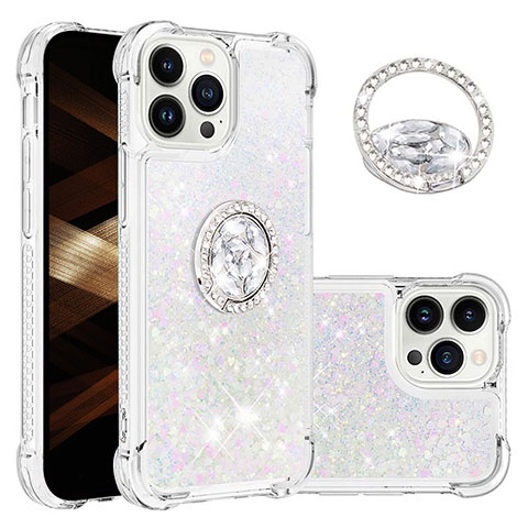 Funda Silicona Carcasa Goma Bling-Bling con Anillo de dedo Soporte S03 para Apple iPhone 13 Pro Max Plata