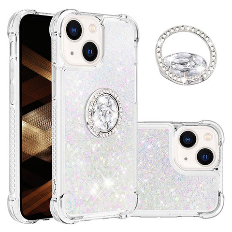 Funda Silicona Carcasa Goma Bling-Bling con Anillo de dedo Soporte S03 para Apple iPhone 14 Plata