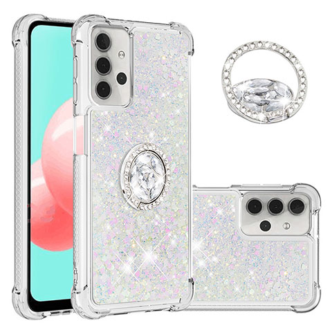 Funda Silicona Carcasa Goma Bling-Bling con Anillo de dedo Soporte S03 para Samsung Galaxy A32 5G Plata