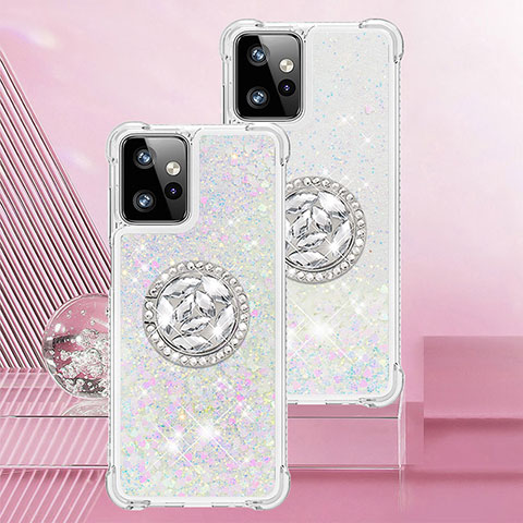 Funda Silicona Carcasa Goma Bling-Bling con Anillo de dedo Soporte YB1 para Motorola Moto G Power 5G (2023) Plata