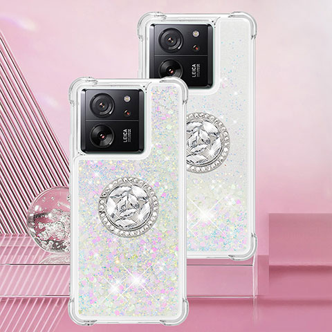 Funda Silicona Carcasa Goma Bling-Bling con Anillo de dedo Soporte YB1 para Xiaomi Mi 13T 5G Plata