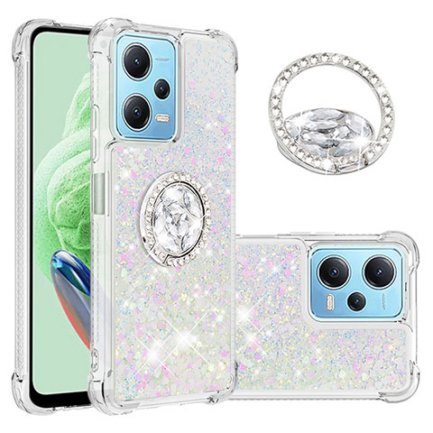 Funda Silicona Carcasa Goma Bling-Bling con Anillo de dedo Soporte YB1 para Xiaomi Redmi Note 12 5G Plata