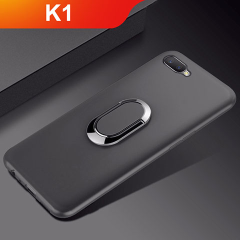 Funda Silicona Carcasa Ultrafina Goma con Magnetico Anillo de dedo Soporte A01 para Oppo K1 Negro