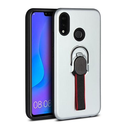 Funda Silicona Carcasa Ultrafina Goma con Magnetico Anillo de dedo Soporte A02 para Huawei Nova 3e Blanco