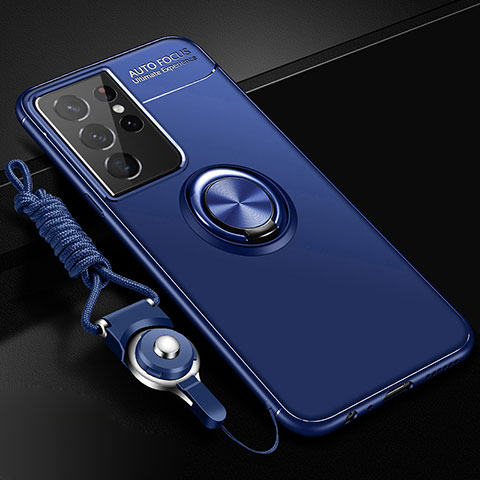 Funda Silicona Carcasa Ultrafina Goma con Magnetico Anillo de dedo Soporte A02 para Samsung Galaxy S22 Ultra 5G Azul