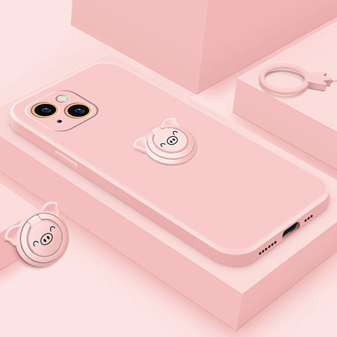 Funda Silicona Carcasa Ultrafina Goma con Magnetico Anillo de dedo Soporte A07 para Apple iPhone 13 Oro Rosa