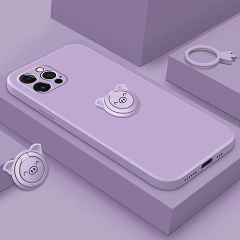 Funda Silicona Carcasa Ultrafina Goma con Magnetico Anillo de dedo Soporte A07 para Apple iPhone 15 Pro Max Morado