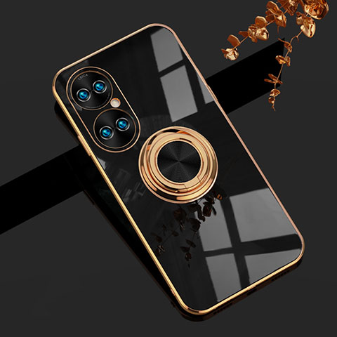 Funda Silicona Carcasa Ultrafina Goma con Magnetico Anillo de dedo Soporte AN1 para Huawei P50 Pro Negro