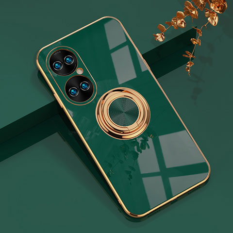 Funda Silicona Carcasa Ultrafina Goma con Magnetico Anillo de dedo Soporte AN1 para Huawei P50 Pro Verde