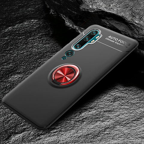 Funda Silicona Carcasa Ultrafina Goma con Magnetico Anillo de dedo Soporte D01 para Xiaomi Mi Note 10 Pro Rojo y Negro