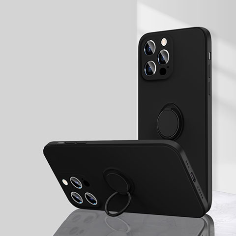 Funda Silicona Carcasa Ultrafina Goma con Magnetico Anillo de dedo Soporte G01 para Apple iPhone 15 Pro Max Negro