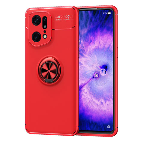 Funda Silicona Carcasa Ultrafina Goma con Magnetico Anillo de dedo Soporte JM1 para Oppo Find X5 Pro 5G Rojo