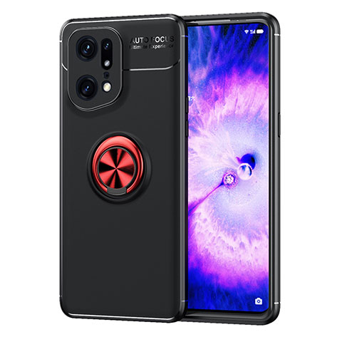 Funda Silicona Carcasa Ultrafina Goma con Magnetico Anillo de dedo Soporte JM1 para Oppo Find X5 Pro 5G Rojo y Negro