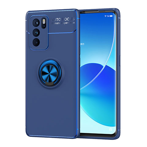 Funda Silicona Carcasa Ultrafina Goma con Magnetico Anillo de dedo Soporte JM1 para Oppo Reno6 Pro 5G India Azul