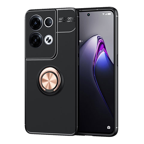 Funda Silicona Carcasa Ultrafina Goma con Magnetico Anillo de dedo Soporte JM1 para Oppo Reno9 Pro 5G Oro y Negro