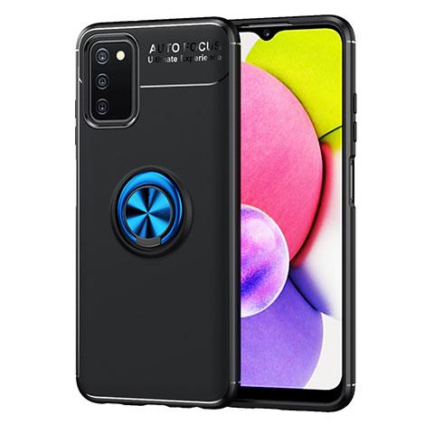 Funda Silicona Carcasa Ultrafina Goma con Magnetico Anillo de dedo Soporte JM1 para Samsung Galaxy A02s Azul y Negro