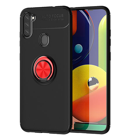 Funda Silicona Carcasa Ultrafina Goma con Magnetico Anillo de dedo Soporte JM1 para Samsung Galaxy A11 Rojo y Negro