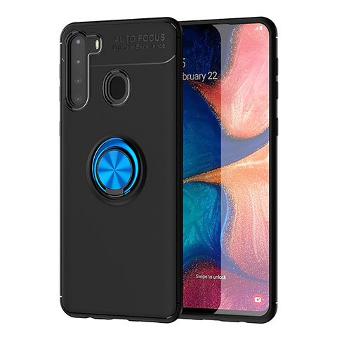 Funda Silicona Carcasa Ultrafina Goma con Magnetico Anillo de dedo Soporte JM1 para Samsung Galaxy A21 Azul y Negro