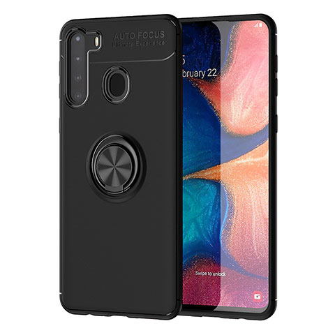 Funda Silicona Carcasa Ultrafina Goma con Magnetico Anillo de dedo Soporte JM1 para Samsung Galaxy A21 Negro