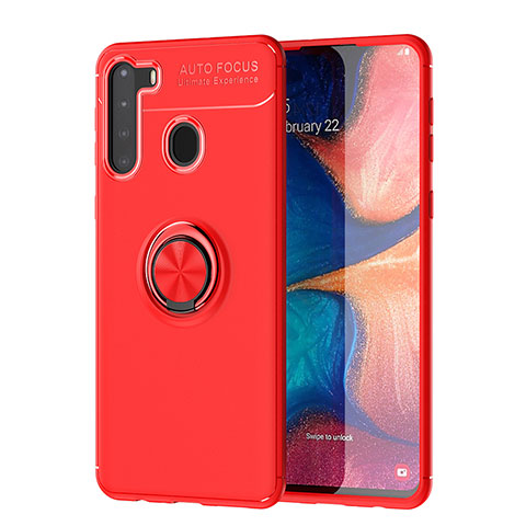 Funda Silicona Carcasa Ultrafina Goma con Magnetico Anillo de dedo Soporte JM1 para Samsung Galaxy A21 Rojo