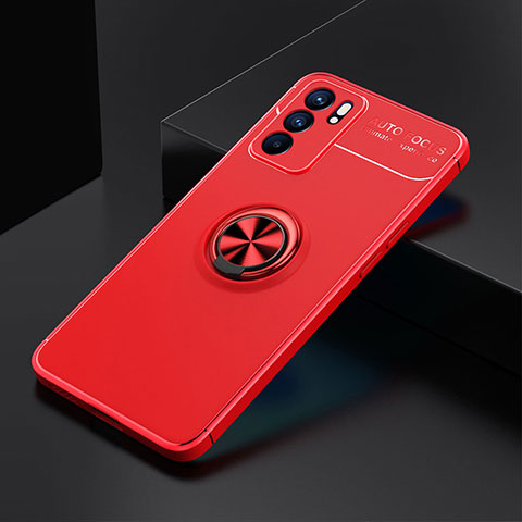 Funda Silicona Carcasa Ultrafina Goma con Magnetico Anillo de dedo Soporte JM2 para Oppo Reno6 5G Rojo