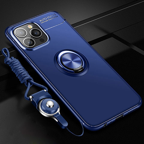 Funda Silicona Carcasa Ultrafina Goma con Magnetico Anillo de dedo Soporte para Apple iPhone 15 Pro Max Azul