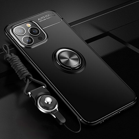 Funda Silicona Carcasa Ultrafina Goma con Magnetico Anillo de dedo Soporte para Apple iPhone 15 Pro Max Negro