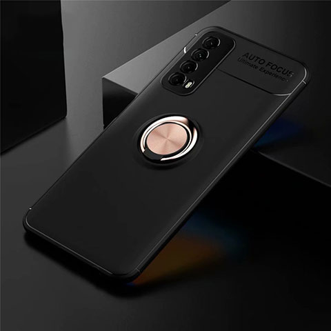 Funda Silicona Carcasa Ultrafina Goma con Magnetico Anillo de dedo Soporte para Huawei P Smart (2021) Oro y Negro