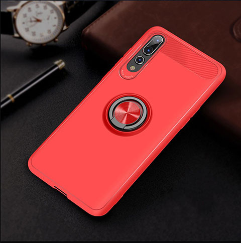 Funda Silicona Carcasa Ultrafina Goma con Magnetico Anillo de dedo Soporte para Huawei P20 Pro Rojo