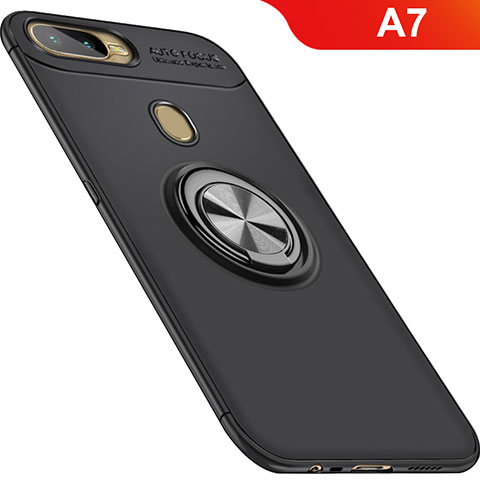 Funda Silicona Carcasa Ultrafina Goma con Magnetico Anillo de dedo Soporte para Oppo A7 Negro